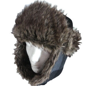 Swiss Tech Trapper Hat Gray Check Ear Flaps Faux Fur Aviator OSFM Outdoor Winter